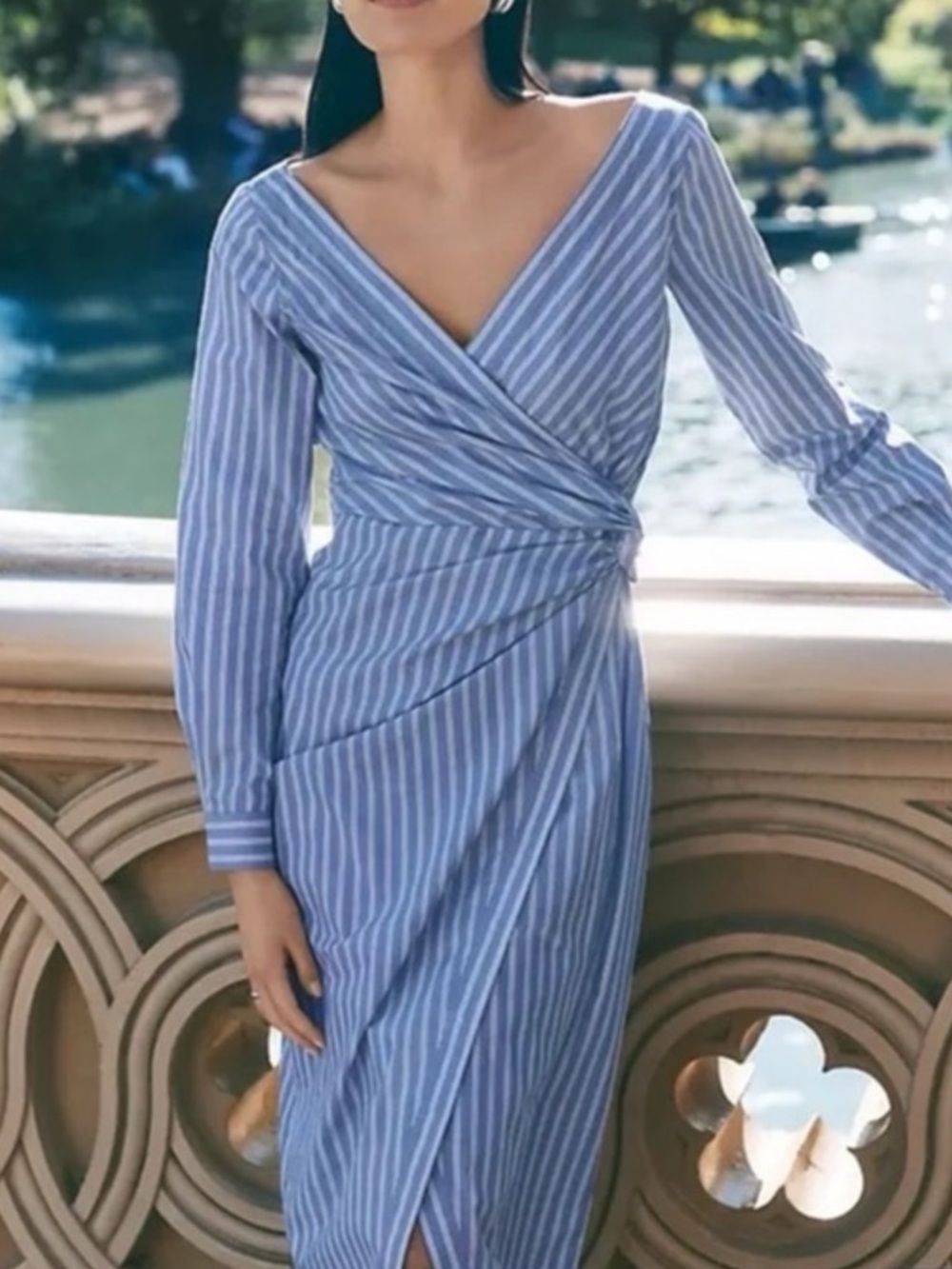 Elegant Light Blue and White Striped Wide Neck or Bateau Neck Midi Dress